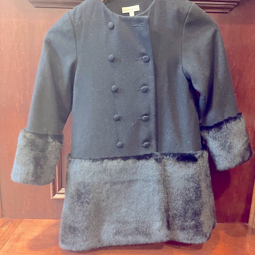 Girls “carbon soldier” size 7 black wool and fur coat